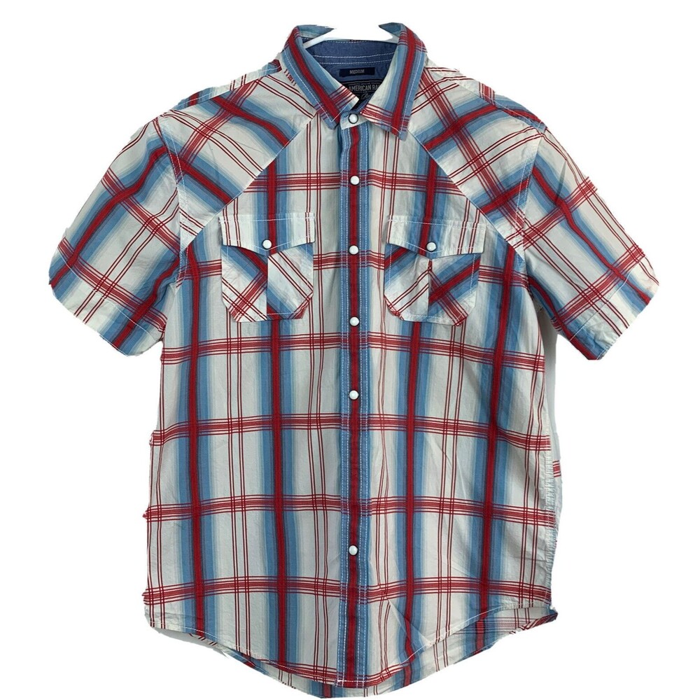 VTG American Rag SHIRT MENS M Plaid Snap Up Western Cowboy Short Sleeve Red Blue